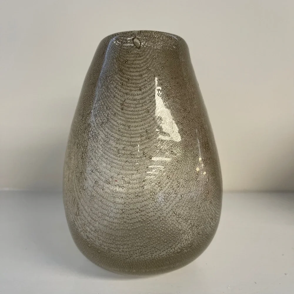 Anthropologie Art Glass Hand Blown Small Bubbles Candleholder 7 in Vase Taupe